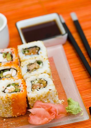 Sushi (rolls) on a plateの写真素材