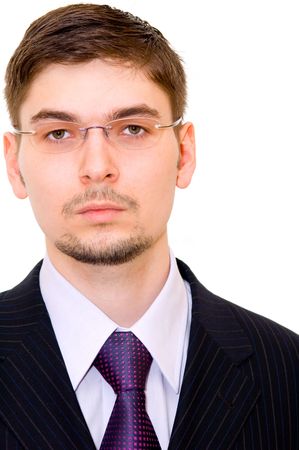 Serious businessman with eyeglasses isolated on white backgroundの写真素材
