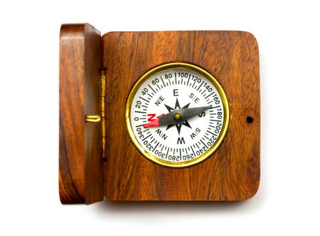 Old style wooden compass isolated on white backgroundの写真素材