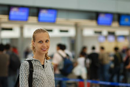 Woman at the airport, shallow DOFの写真素材