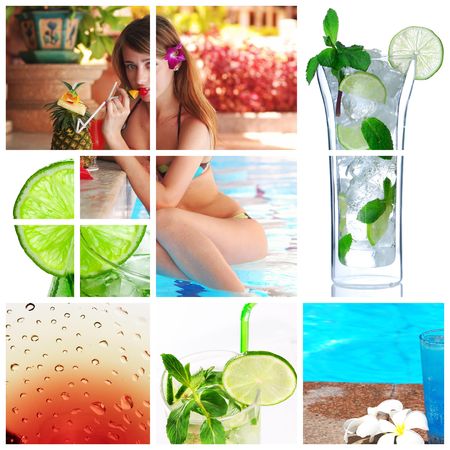 Collage background with cocktail and travel conceptの写真素材