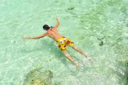 Man snorkeling at rocky beach の写真素材