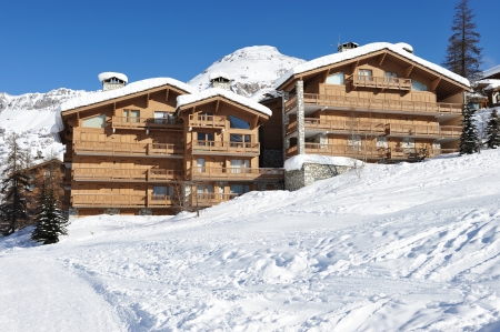 Mountain ski resort with snow in winter, Val-d'Isere, Alps, France