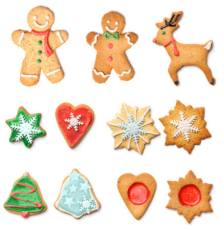 Christmas gingerbread cookies collection set isolated on whiteの写真素材