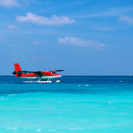 Twin otter red seaplane at Maldivesの写真素材