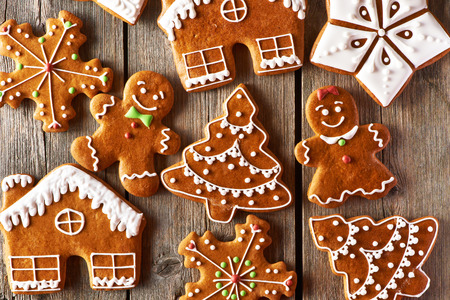 Christmas homemade gingerbread cookies on wooden table
