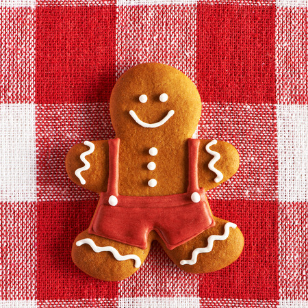 Christmas homemade gingerbread man on tableclothの写真素材