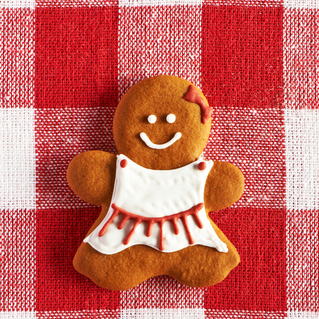 Christmas homemade gingerbread girl on tableclothの写真素材