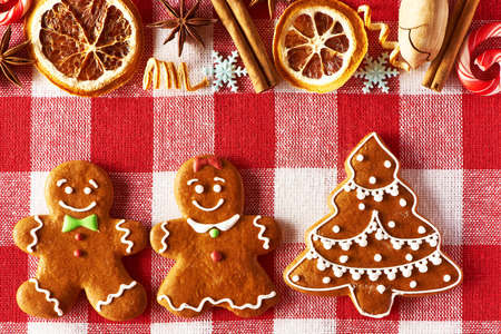 Christmas homemade gingerbread couple and tree on tableclothの写真素材