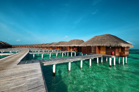 Beautiful beach with water bungalows at Maldivesのeditorial素材