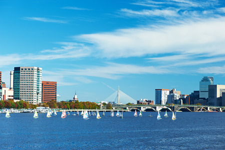 Boston and Charles river view from Harvard Bridge at Massachusetts, USAの写真素材