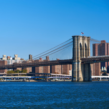 Lower Manhattan skyline and Brooklyn bridge in New York City