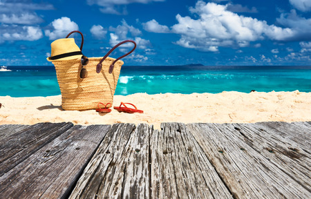 Beautiful beach with bag at Seychelles, La Digue