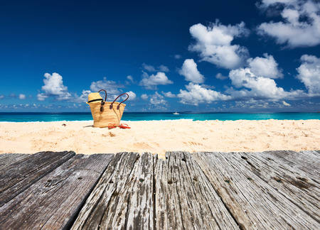 Beautiful beach with bag at Seychelles, La Digueの写真素材