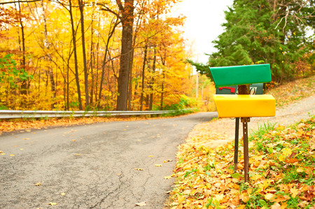 Autumn scene with road and mailboxの写真素材