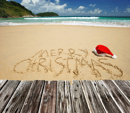 Santa's hat on a tropical beachの写真素材