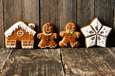 Christmas homemade gingerbread cookies cookies on wooden tableの写真素材