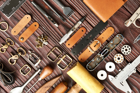 Leather crafting DIY tools flat lay still life