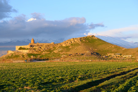 Ancient monastery Khor Virap in Armenia with Ararat mountain at background. Was founded in years 642-1662.のeditorial素材