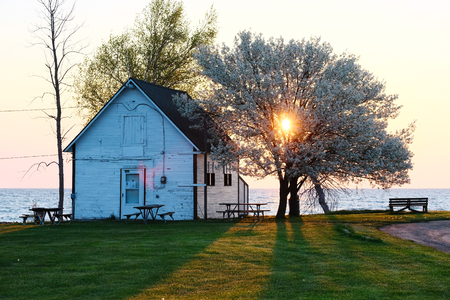 Sunrise at Pointe aux Barques, Lake Huron, Michigan, USAの写真素材