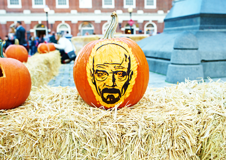 BOSTON, USA - OCTOBER 26: Great Pumpkin Party, halloween festival of creative pumpkins at street. Pumpkin with Walter White/Heisenberg, the character from Breaking Bad show,  October 26 2014 in Boston, USAのeditorial素材