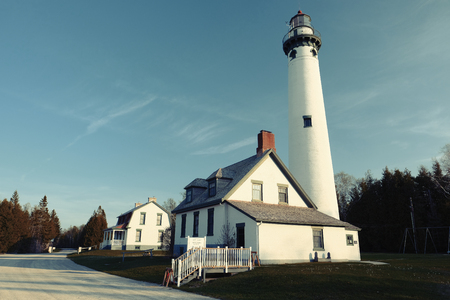 New Presque Isle Lighthouse, built in 1870, Lake Huron, Michigan, USAの写真素材