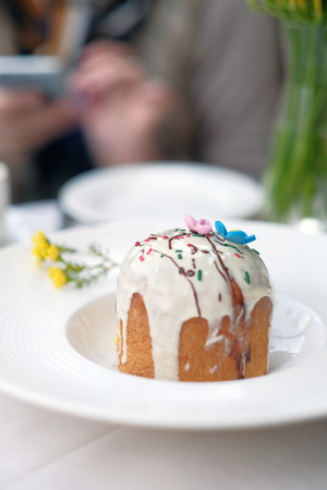 Traditional easter cake at restaurant outdoor tableの写真素材