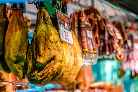 Spanish ham jamon at Barcelona market, Catalonia, Spainの写真素材