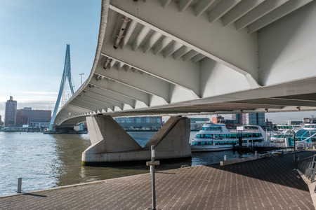 Rotterdam city cityscape skyline with Erasmus bridge and Nieuwe Maas (Rhine) river in front. South Holland, Netherlands.のeditorial素材