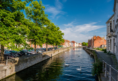 Bruges (Brugge) cityscape with water canal, Flanders, Belgiumの写真素材
