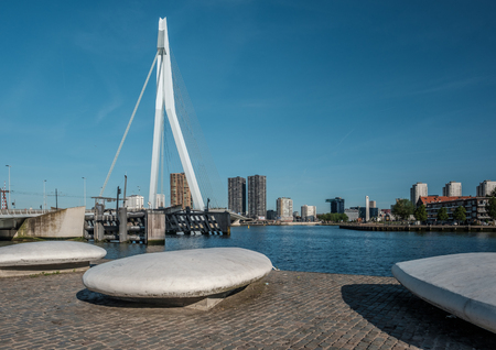 Rotterdam city cityscape with Erasmus bridge. South Holland, Netherlands.の写真素材