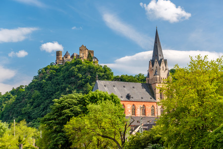 Schonburg Castle and Liebfrauenkirche (Church of Our Lady) at Rhine Valley (Rhine Gorge) near Oberwesel, Germany. Built some time between 1100 and 1149.のeditorial素材