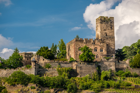 Gutenfels (Caub) Castle and vineyards at Rhine Valley (Rhine Gorge) near Kaub, Germany. Built in 1220.のeditorial素材