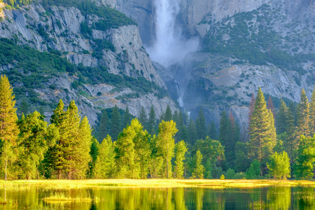 Merced River and Yosemite Falls landscape in Yosemite National Park. California, USA.の写真素材