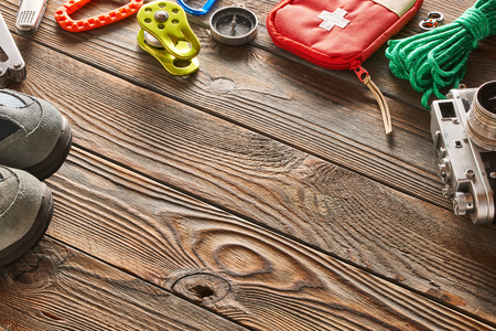 Travel items for hiking tourism still life over wooden backgroundの写真素材