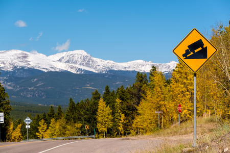 Steep grade truck road sign on highway at autumn sunny day in Colorado, USA. の写真素材