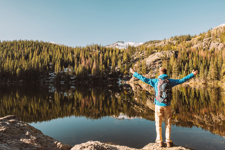Tourist near Bear Lake at autumn in Rocky Mountain National Park. Colorado, USA. の写真素材