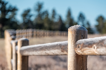 Season changing, hoarfrost on the fence の写真素材