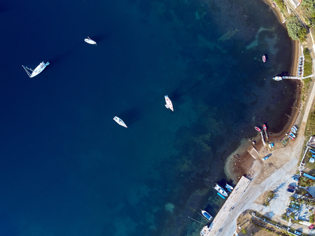 Marina with yachts top aerial view drone shot, Sithonia, Greeceの写真素材