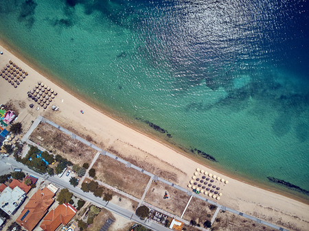 Beautiful beach top aerial view drone shot, Sithonia, Greeceの写真素材
