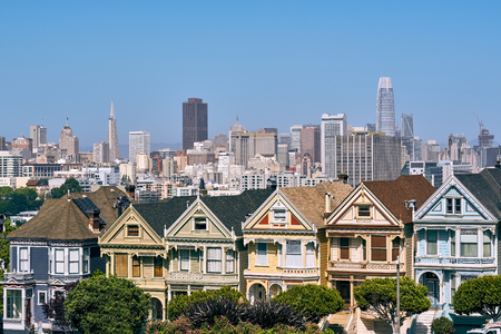 The Painted Ladies - Victorian style homes view from Alamo Square in San Francisco, California, USAのeditorial素材