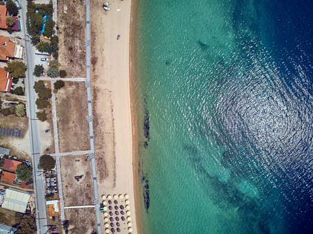 Beautiful beach top aerial view drone shot, Sithonia, Greeceの写真素材