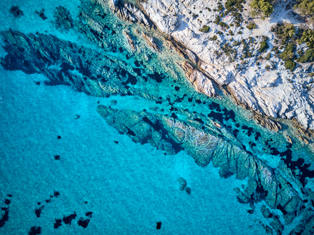 Beautiful rocky coastline top aerial view drone shot, Sithonia, Greeceの写真素材