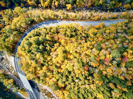 Scenic Mohawk Trail winding highway at autumn, Massachusetts, USA. Fall in New England. Aerial drone shot.の写真素材