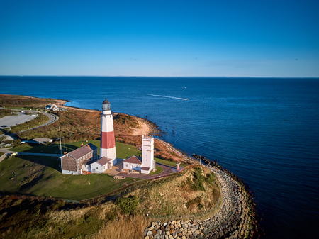 Montauk Lighthouse and beach aerial shot, Long Island, New York, USA.の写真素材