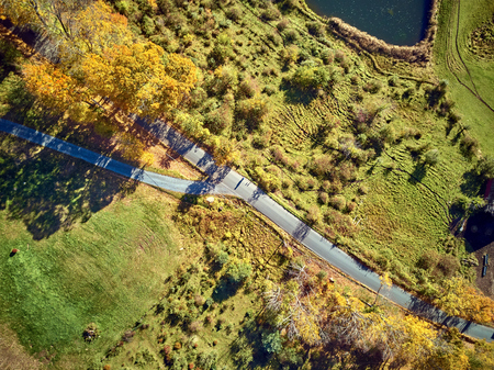 Scenic landscape with farm at autumn in Woodstock, Vermont, USA. Fall in New England. Aerial drone shot.の写真素材