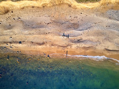 Fisherman at Hamptons Beach aerial shot, Montauk, Long Island, New York, USA.の写真素材