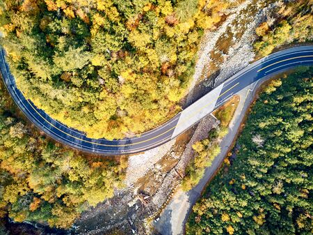 Scenic Mohawk Trail winding highway at autumn, Massachusetts, USA. Fall in New England. Aerial drone shot.の写真素材