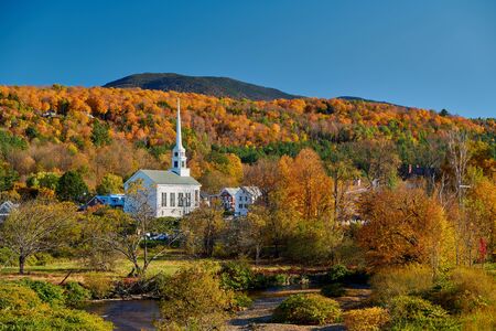 Iconic New England church in Stowe town at autumn in Vermont, USAの写真素材