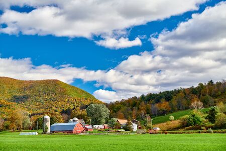 Farm with red barn and silos at sunny autumn day in West Arlington, Vermont, USAの写真素材